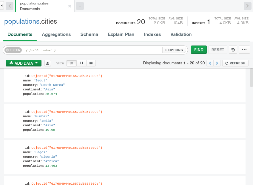 Interface MongoDB Compass : visualisation des documents d'une collection